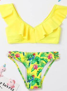 Tropical Floral Girl Swimsuit Kids Ruffle Bikini Set 7-14 Ye