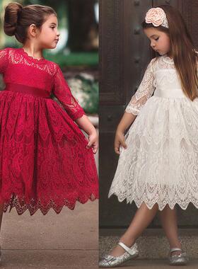 Autumn Winter Lace Girls Dress Embroidery Ball Gown Wedding