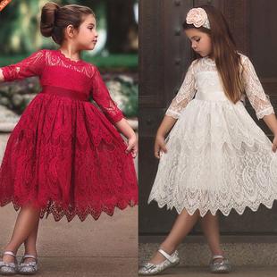 Autumn Winter Lace Girls Dress Embroidery Ball Gown Wedding