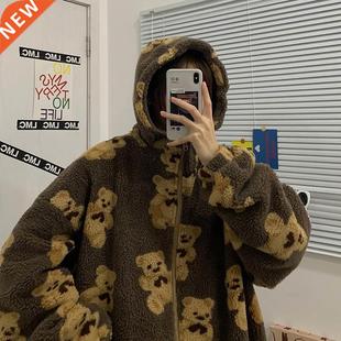 Cartoon Bear Lamb Wool Zip Up Hoodie Women's Sweatshirts