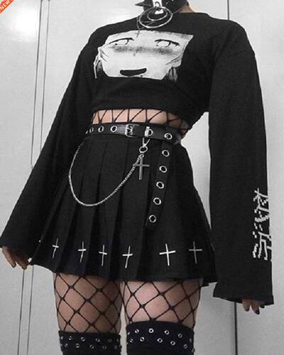 Womens Pleated Skirt Slim High Waist Mini Black Cross Print