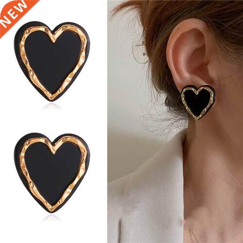 Enamel Heart Stud Earrings for Women Black Color Love Couple