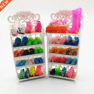 1x Plastic 5 Layers White Doll Shoes Rack / Random 12 Pairs