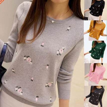 Women Fashion Floral Embroidery O Neck Pullover Knitted Jump