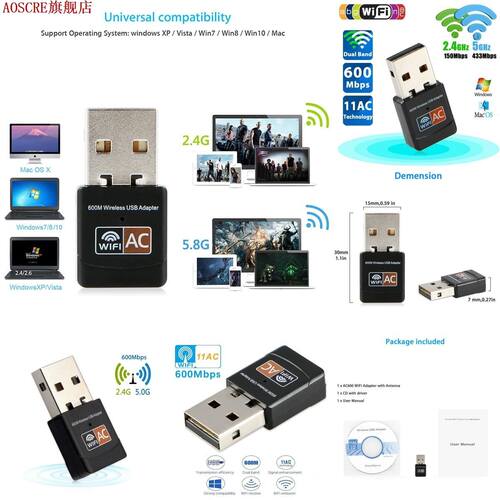 Wireless USB WiFi Adapter 600 Mbps Wi-Fi Adapter 2.4G 5G Dua