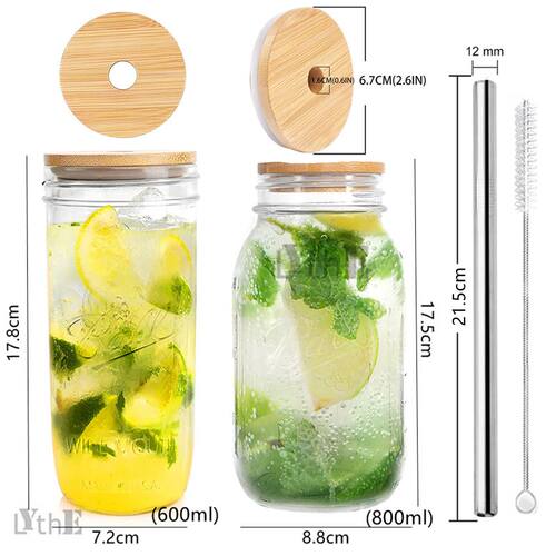24oz Reusable Straw Cup with Wooden Lid Smoothie Glass Cup a