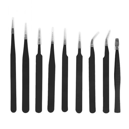 9pcs/Lot Anti-stati Tweezers Black Stainless Steel Antistati