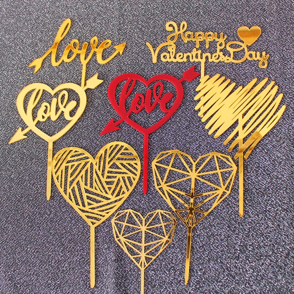 1pcs Happy Valentine's Day Cake Topper Love Heart Gold Acryl