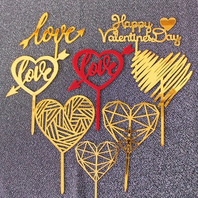 1pcs Happy Valentine's Day Cake Topper Love Heart Gold Acryl