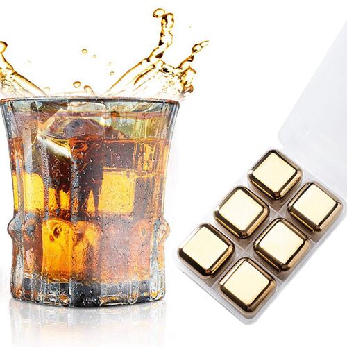 6 Pcs Stainless Steel Reusable Golden Whiskey Stones Ice Squ