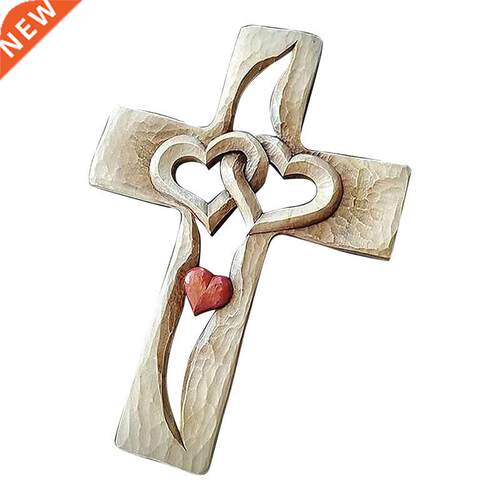 Wood Double Heart Cross Wooden Cross Hand Carved Antique Des