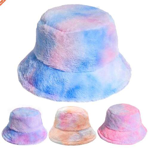Fashion Women Winter Faux Fur Fluffy Bucket Hats Tie Dye Out
