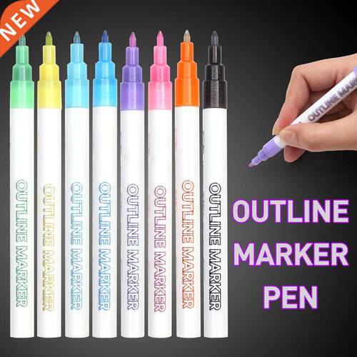 Double Line Pen, 8 Cors Glitter Marker Pen Fluorescent Out