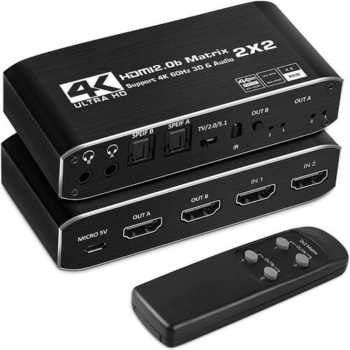 2021 2x2 Matrix Switch Splitter with SPDIF and L/R 3.5mm HDR