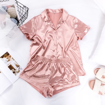 Women Sleepwear Summer Pajama Set Pink Turn Down Collar Faux