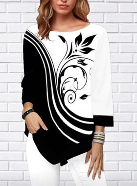 Women Blouse Shirt Asymmetric Hem Autumn Floral Printed Blou