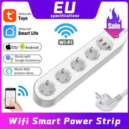 Tuya WIFI Smart Power Strip 4 EU Outlets Plug With  USB Cha