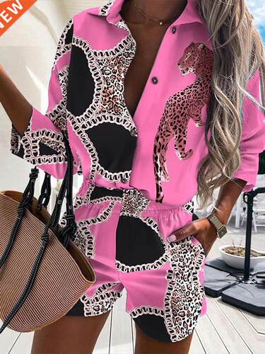Summer Fashion Shorts Suit For Women Leopard Print Shirt + P