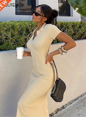 Cutenew Elegant Knitted Short Sleeve Bodycon Maxi Dress Wome