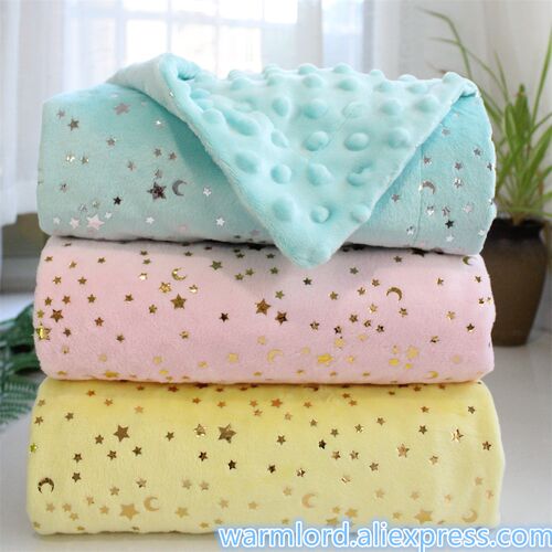 2 layers Minky Dot Coral Fleece Bronzing Golden Stars Moon B