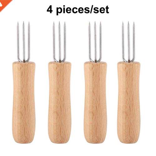 4 Pieces Stainless Steel Corn Holders Wooden Handle Hand Ske