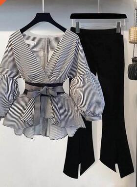 Elegant OL Work wear 2 Pieces set Spring New Puff Sleeve Bo