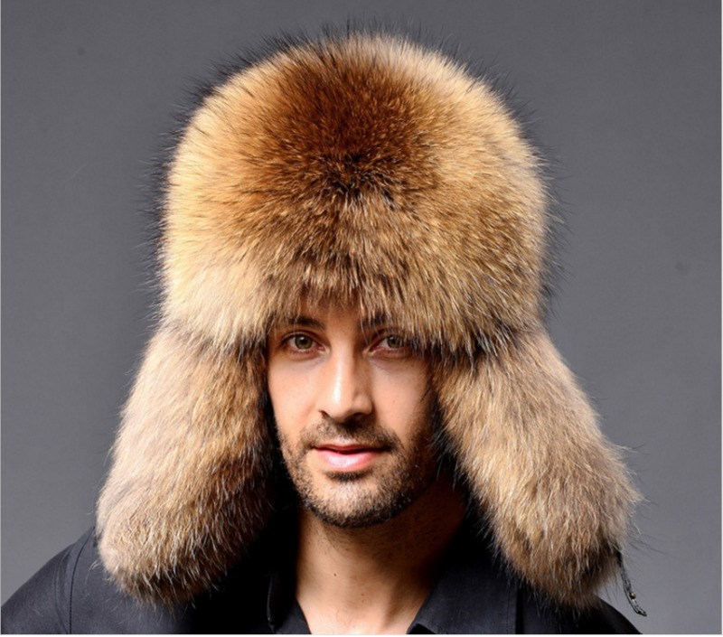 Real Raccoon Hats Men's Trapper Hats Fur&Lamb Leather