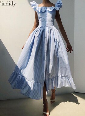 Striped Square Neck Flutter Sleeve Sweet Dress Women Ruffles