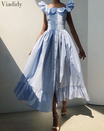 Striped Square Neck Flutter Sleeve Sweet Dress Women Ruffles