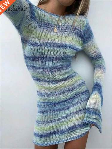 Nadafair Tie Dye Mini Knitted Sweater Dress Women Long Sleev