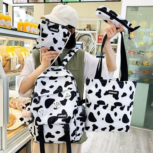 4-piece Set Cow Pattern Fashion Women's Backpack Nylon W