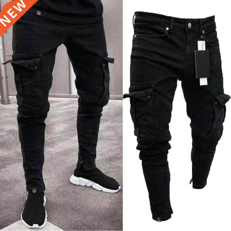 Men Biker Ripped Long Denim Trousers Skinny Jeans Pants Dest - 实物图
