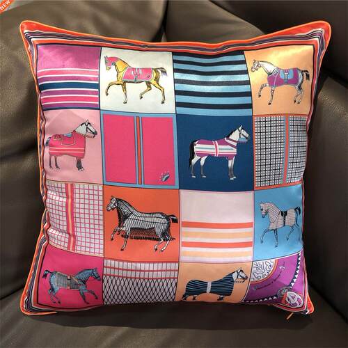 2022 New Silk Pillowcase Brand Design Plaid Horse Sofa Throw