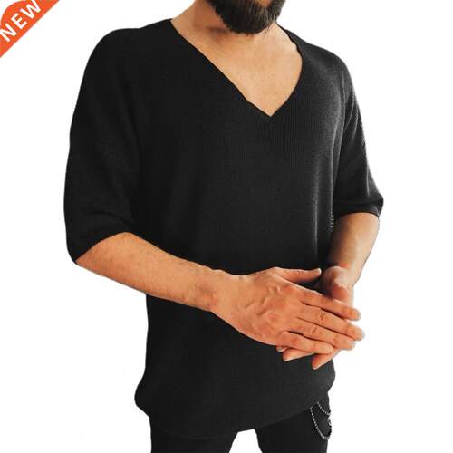 V Neck Men's T-Shirts Autumn Top Knitted Half Sleeve Sol