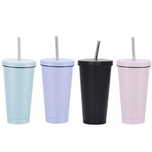 Car Straw Cup 500ml Reusable Coffee Cup Stainless Steel Trav