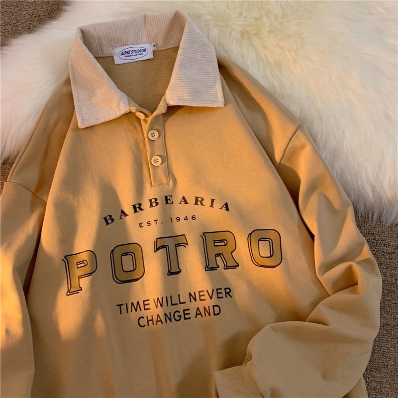 Vintage POLO Collar Letters Print Oversized Sweatshirt Women
