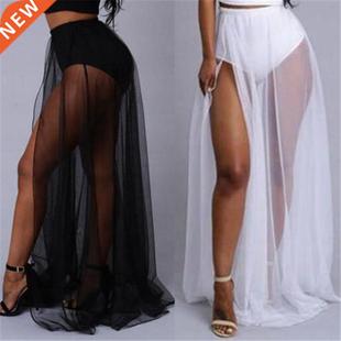 Women High Waist Mesh Skirts Empire See Through Sheer Side S