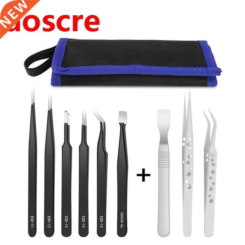 9Pcs Tweezers Set Stanless Steel Ant-statc Precson Twee