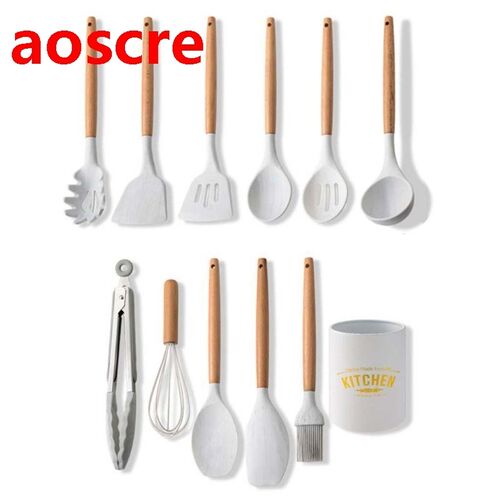 11pcs Marble Silicone Kitchen Utensils Set with Wooden Handl