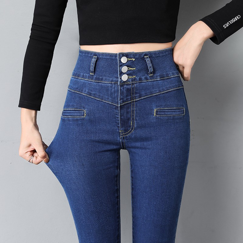 New High Waist Three Buttons Jeans Women Skinny Fashion Kore