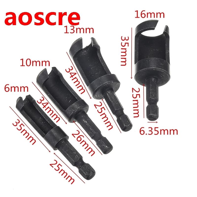 4pcs 6/10/13/16mm 6.35mm Hex Shank Woodworking Tenon Plug Cu