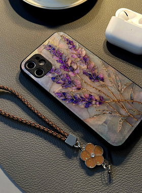 适用华为荣耀300 400 100 200 90 70 pro/60se女50手机壳硅胶创意皮革纹全包防摔保护套挂绳新款紫色金边花朵