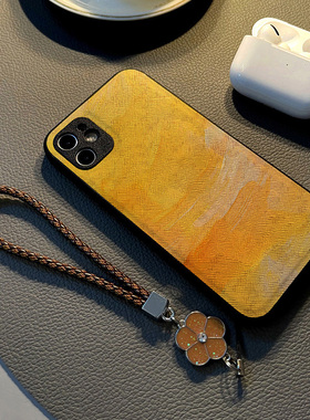 适用苹果iPhone15手机壳14plus/12Pro/Max/17/16/13少女8硅胶创意皮纹全包防摔保护套挂绳潮新款黄色油画涂鸦