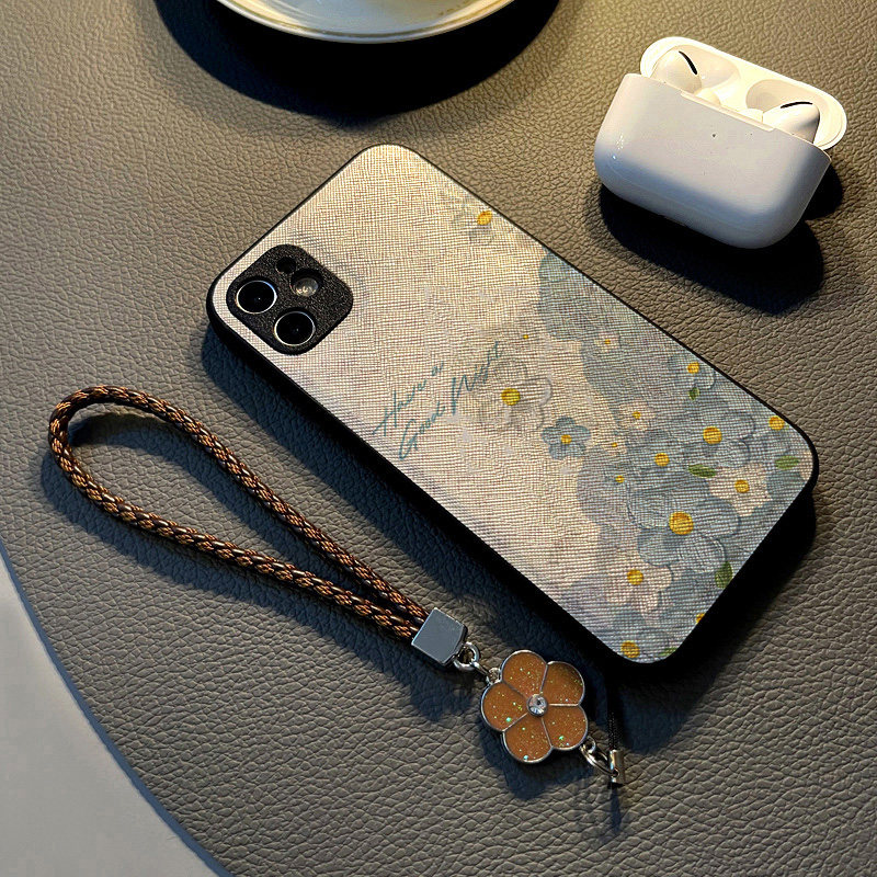 适用苹果iPhone16手机壳14plus/12Pro/Max/17/15/13少女8硅胶创意皮纹全包防摔保护套挂绳潮新款蓝白油画花朵