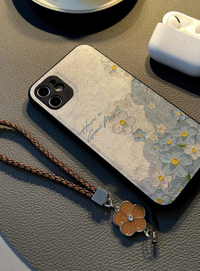 适用苹果iPhone16手机壳14plus/12Pro/Max/17/15/13少女8硅胶创意皮纹全包防摔保护套挂绳潮新款蓝白油画花朵