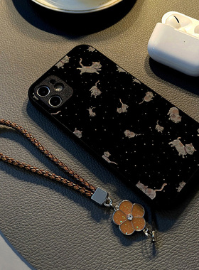 适用苹果iPhone14手机壳13/12Pro/Max/17/16/15少女17硅胶创意皮纹全包防摔保护套挂绳潮牌黑色星空太空猫咪