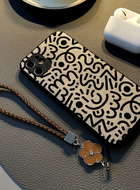 适用小米红米note13 12pro 11t/11/10手机壳硅胶创意note14 pro皮纹全包防摔软保护套女挂绳新款抽象黑色曲线