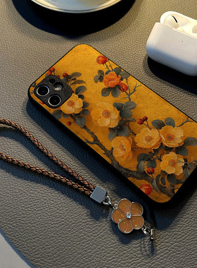 适用oppoa96/a93s/a92s/a94/a56手机壳A5少女A6硅胶a55s创意个性皮纹全包防摔保护套挂绳潮新款油画黄色花朵
