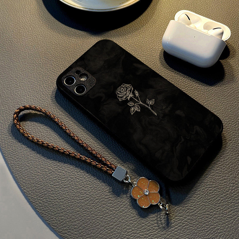 适用华为nova10pro/nova14 9/7se/6手机壳nova11女5z硅胶5ipro创意皮革纹防摔软保护套挂绳简约雾黑白色玫瑰