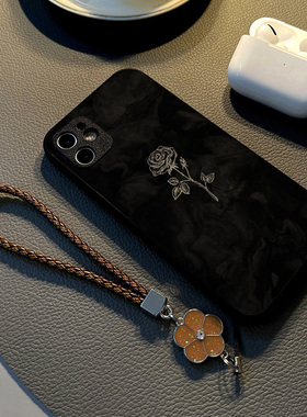 适用华为nova15pro/nova14 9/7se/6手机壳nova11女5z硅胶5ipro创意皮革纹防摔软保护套挂绳简约雾黑白色玫瑰